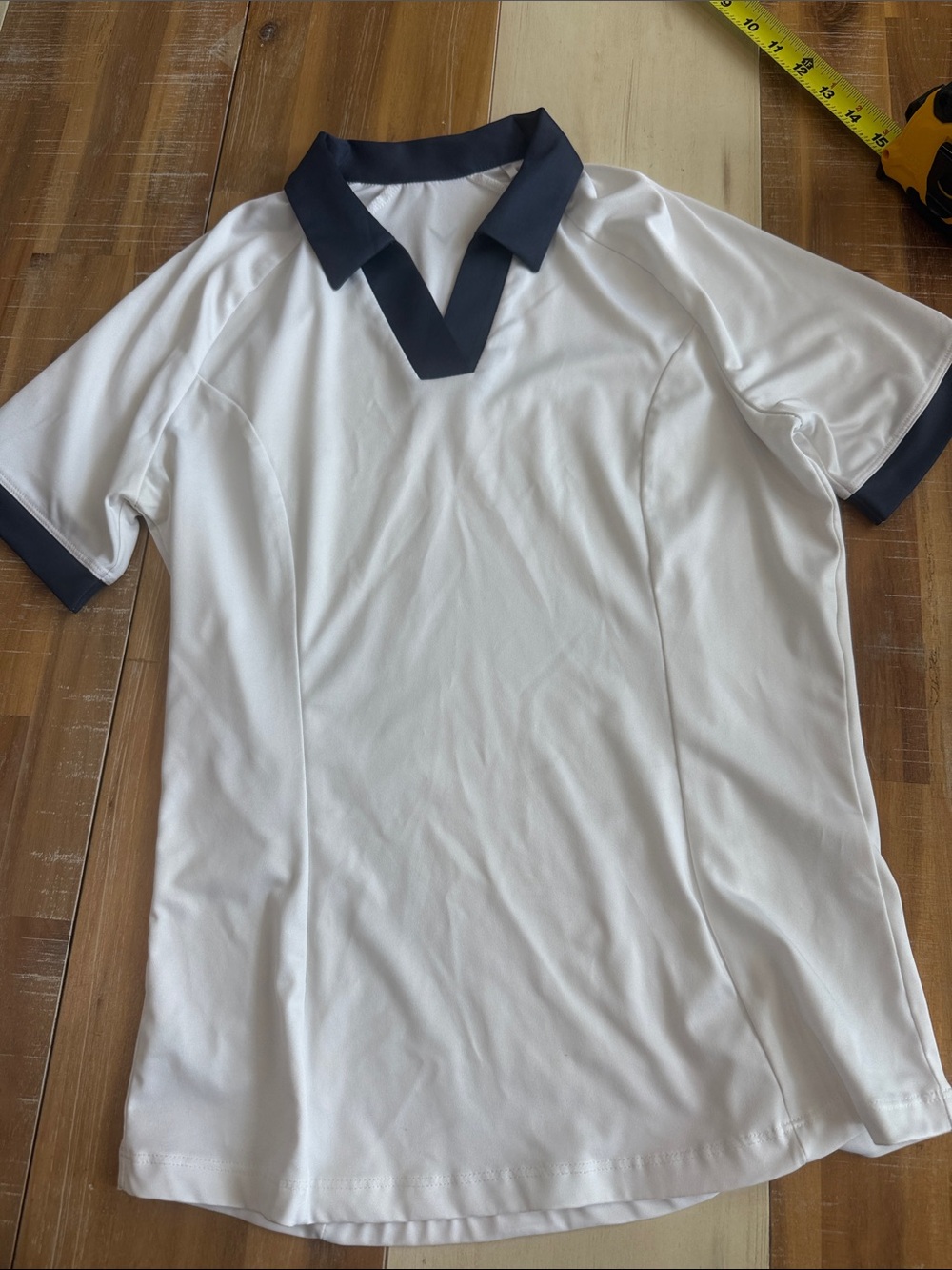 Women's White Short-Sleeve Polo Tee with Navy Collar and Trim